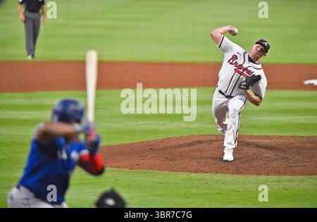 6. August 2020: Atlanta Braves Pitcher Mark Melancon liefert im neunten Inning eines MLB-Spiels gegen die Toronto Blue Jays im Truist Park in Atlanta, GA, einen Platz. Austin McAfee/CSM(Kreditbild: &Copy; Austin McAfee/CSM via ZUMA Wire) Stockfoto