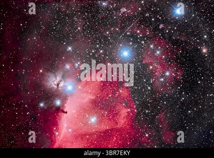 27. Januar 2020, Alberta, Kanada: Dies ist der Gürtel des Orion mit seinen drei blauen Sternen auf der Oberseite des Rahmens (L bis R: Alnitak, Alnilam und Mintaka), mit dem ikonischen Horsehead-Nebel (auch bekannt als B33) unter Alnitak, mit dem dunklen Horsehead, der gegen den hellen Nebel IC 434, auch bekannt als Orionâ-Dolch, gesetzt ist. Der rosafarbene Nebel über Alnitak ist NGC 2024, der Flammennebel. Der kleine blaue Reflexionsnebel links vom Horsehead ist NGC 2023, mit kleinerem IC 435 links davon. Das Feld ist mit dem großen offenen Cluster Collinder 70 gefüllt. Der Mehrfachstern unten links im Zentrum ist Sigma Orionis. Viele andere Stockfoto