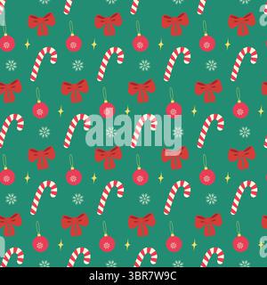 Weihnachtsdekorationen Candy Cane Ribbon Bow Ball und Snowflake nahtlose Muster Weihnachtsfond. Isolierte Vektor-Illustration Weihnachtsgruß Thematische Karte Party Einladung oder Banner, Faltblatt, Tag Stock Vektor