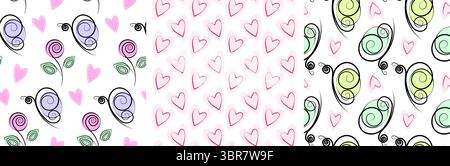 Hand gezeichnete stilisierte Schmetterlinge Dekorative Herzen und Rosen nahtlose Muster Sommer Hintergrund Set. Isolierte Vektor saisonale Themenkarten Hintergrund Liebesgrüße, Poster, Banner, Faltblatt oder Etikett, Tag Stock Vektor