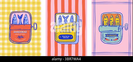Meeresfrüchte, Fische, Sardinen in Dosen, Sardellen bunte Vektor-Illustrationen für T-Shirt-Druck, Poster, Aufkleber und Verpackungsdesign Stock Vektor