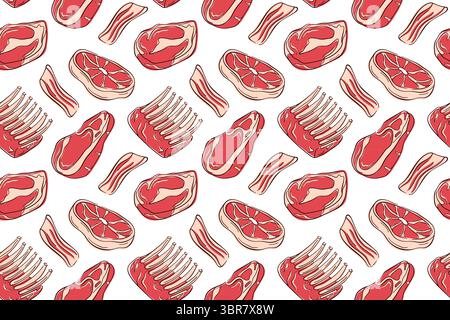 Nahtloses Muster aus flachem Steak, Speck, Rippchen und Fleisch auf weißem Hintergrund. Ideal für Metzgereien, Verpackungen und kulinarische Designthemen. Stock Vektor