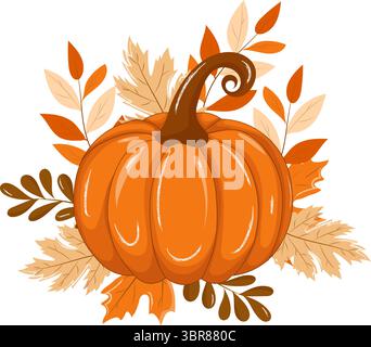 Vektorkomposition mit einem orangen Kürbis und Herbstblättern auf weißem Hintergrund. Saisonale Herbstillustration perfekt für Thanksgiving, Karten, Dekorationen, Banner und Erntemotive Stock Vektor