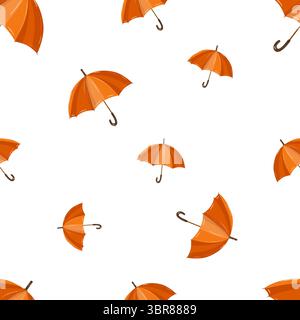 Nahtloses Muster mit niedlichen Regenschirmen in Herbstorange. Vektorillustration auf weißem Hintergrund. Regenschutz. Herbstwetter und Thema Stock Vektor