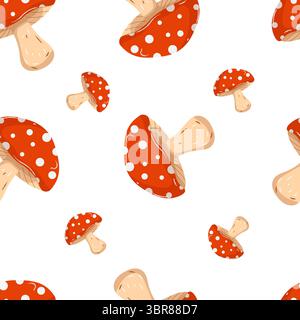 Nahtloses Muster mit rotem Pilz mit weißen Punkten. Botanische Illustration des Fliegenpilzes. Vektormuster auf weißem Hintergrund. Für Gewebe, Textilien, Geschenkpapier Stock Vektor