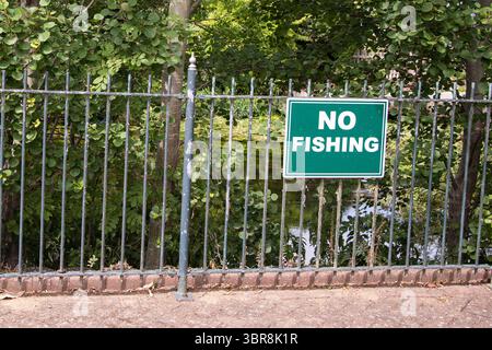Grünes „No Fishing“-Schild auf Metallgeländern im Enfield Island Village, mit grünem Grün und dem Fluss Lea im Hintergrund – Highlight Stockfoto
