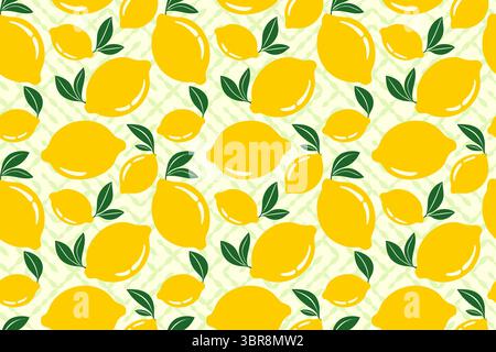Frische gelbe Zitronen mit Blättern, nahtloses Vektormuster auf hellem abstraktem Hintergrund, perfekt für Textilien, Tapeten, Verpackung und Sommerdesign Stock Vektor
