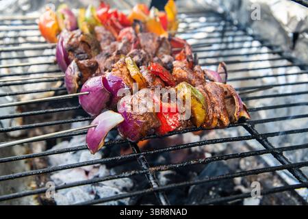 Marinierte Lammkebabs, die auf einem Grill zubereitet werden, mit roten und grünen Paprika und roten Zwiebeln aufgespießt – lebendig, rauchig und voller Geschmack. Stockfoto