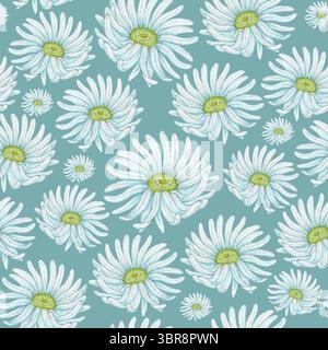 Hand gezeichnetes nahtloses Muster aus weißem Gänseblümchen in farbigem Bleistift, Vintage botanischer Stil, Cottagecore-Muster, für Stoff, Tapeten, Geschenkverpackung, Verpackung Stockfoto