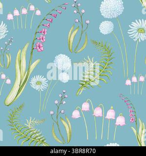 Hand gezeichnetes nahtloses Muster von Wildblumen in farbigem Bleistift, Vintage botanischer Stil, Cottagecore Muster, für Stoff, Tapete, Geschenkverpackung, Verpackung Stockfoto