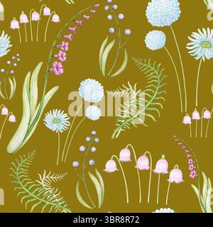 Hand gezeichnetes nahtloses Muster von Wildblumen in farbigem Bleistift, Vintage botanischer Stil, Cottagecore Muster, für Stoff, Tapete, Geschenkverpackung, Verpackung Stockfoto