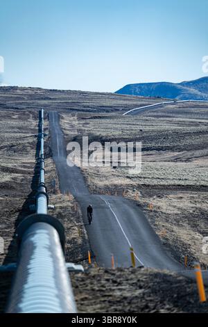 Blick auf eine lange Pipeline, die sich durch die krasse, einsame Landschaft neben einer schmalen Straße unter klarem Himmel erstreckt, Nesjavellir, Grímsnes- og Grafningshreppur, Island. Stockfoto