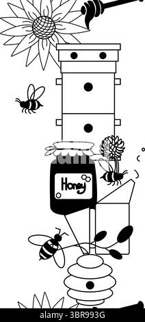 Honig, Bienen Bienenwabenblumen vertikale nahtlose Grenze. Vektorgrafik-Strichdarstellung. Für Poster, Flyer, Banner, Einladung, soziale Medien, Party o Stock Vektor