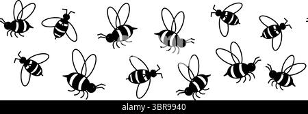 Bienen horizontaler nahtloser Rand. Vektorgrafik-Strichdarstellung. Geeignet für Wandmalereien, Geschenkverpackungen, Textilien und Tapeten. Hintergrund für Banner, Stock Vektor