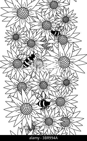 Sonnenblume mit Bienen vertikaler nahtloser Rand. Vektorgrafik-Strichdarstellung. Design mit Kranzanordnung. Perfektes Design für modische Grafiken und Textil Stock Vektor