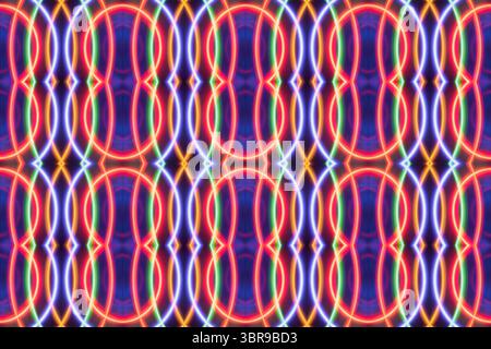 Lebendig leuchtende Neonlichtkreise in mehrfarbigen Tönen mit faszinierender und lebendiger abstrakter Anzeige, geeignet für Hintergründe und künstlerische Inhalte Stockfoto