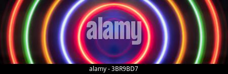 Lebendig leuchtende Neonlichtkreise in mehrfarbigen Tönen mit faszinierender und lebendiger abstrakter Anzeige, geeignet für Hintergründe und künstlerische Inhalte Stockfoto