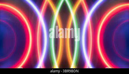Lebendig leuchtende Neonlichtkreise in mehrfarbigen Tönen mit faszinierender und lebendiger abstrakter Anzeige, geeignet für Hintergründe und künstlerische Inhalte Stockfoto