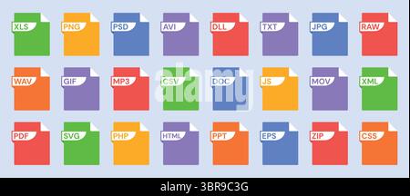 Symbole im Format von Schablonen mit PDF, JPG und MP3, JS und XML, DLL und SVG, CSV und PSD, PNG- und DOC-Etiketten. Dateitypen mit Dokumenterweiterung für die Benutzeroberfläche Stock Vektor