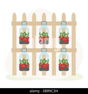 Illustration von selbstgebauten Kunststoff-Flaschengefäßen mit Erdbeere zu Hause. Vertikaler Garten, städtisches Landwirtschaftskonzept. Handgezeichnete Vektorillustration. Stock Vektor
