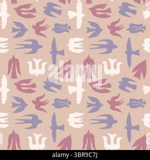 Abstraktes Vogelmuster. Fliegende skandinavische Tauben- und Schwalbenvogel-Silhouetten für Textilien, Tapeten und Wohnaccessoires. Minimal Stock Vektor