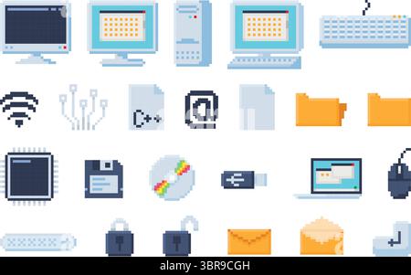 Pixel Art Computer-Symbole. Technische Geräte, verpixelte Computertastatur und -Bildschirm, digitale Datei, Retro-Disk, Sicherheitssperre, E-Mail, Safe und Ordner Stock Vektor