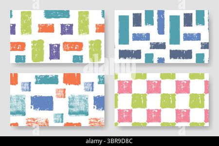 Nahtlose abstrakte Grunge-Muster. Schachbretthintergründe mit gestempelten Farbkonturen, handgemalte Fliesen geometrisches Layout. Raster Stock Vektor