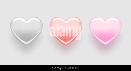 Set realistischer transparenter Herzen. Romantisches Hochglanzglasherz isoliert auf hellem Hintergrund. Vektor-3D-Illustration. Stock Vektor