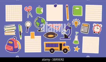 Aufkleber zurück zur Schule. Notizbuch, Notizbuch, Schulbus, Mikroskop und Globus, Schere und Sternaufkleber, Stift und Bleistift. Bildung Stock Vektor