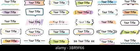 Kritzeln Sie Titel. Handgezeichnete Titelbannerrahmen, kreative dekorative Kopfzeilen und Schlagzeilen. Gerahmte und unterstrichene Titel für Präsentationen Stock Vektor