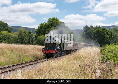 Die Dampflokomotive Flying Scotsman passiert die Quantock Hills auf der West Somerset Railway Stockfoto