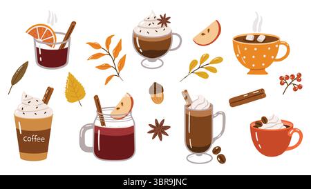 Herbstgetränke, Doodle Collection, Heißgetränke, Kaffee, Tee, heiße Schokolade, gemütliches Herbstset Stock Vektor