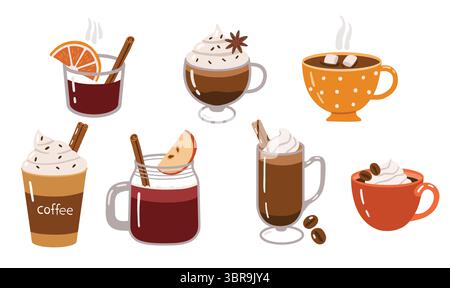 Herbstgetränke, Doodle Collection, Heißgetränke, Kaffee, Tee, heiße Schokolade, gemütliches Herbstset Stock Vektor