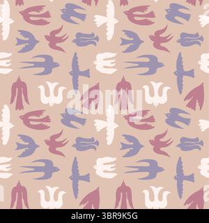 Abstraktes Vogelmuster. Fliegende skandinavische Tauben- und Schwalbenvogel-Silhouetten für Textilien, Tapeten und Wohnaccessoires. Minimal Stock Vektor