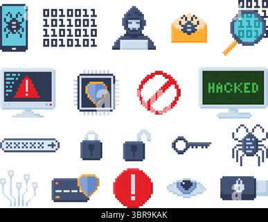 Pixelart-Symbole für Cybersicherheit. Pixeliger Computervirus, Cyber-Hacker, Passwortsperre und Verschlüsselung. Computercode, sicherer Chip mit Antivirenschutz Stock Vektor