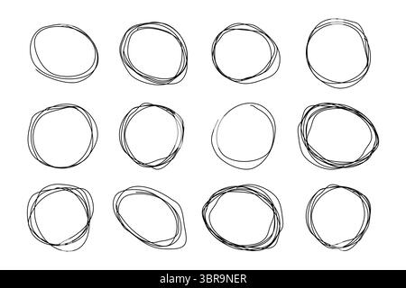 Handgezeichnete Ovale. Satz von Stiften, die Kreise zeichnen. Ellipsen kritzeln. Markieren Sie Kreisrahmen. Vektorillustration auf weißem Hintergrund isoliert. Stock Vektor