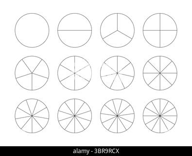Segmentierte Diagramme. Vorlage für Pizza, Tortendiagramm. Segmentiert Infografiksymbole. Viele Sektoren teilen den Kreis auf gleiche Teile. Umrandung schwarz dünn Stock Vektor