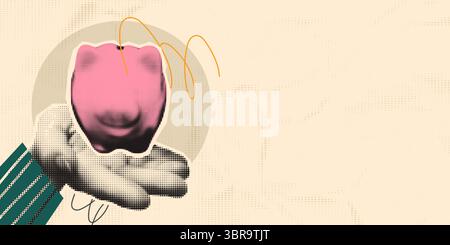 Hand hält rosa Schweinebank Halbton Collage Vektor Illustration Stock Vektor