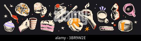 Halbtoncollage Hände halten Tassen Becher Kaffee Tee Vektor Illustration Stock Vektor