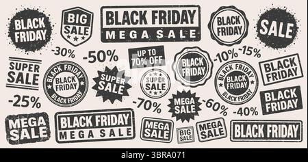 Black Friday Sale Grunge Stempelvektor Set. Black Friday Retro-Stempelschablone. Mega Sale Stempelpackung. Seal Black Friday. Vektorillust Stock Vektor