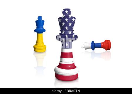 Schach aus Fahnen der Ukraine, der USA und Russlands Stockfoto