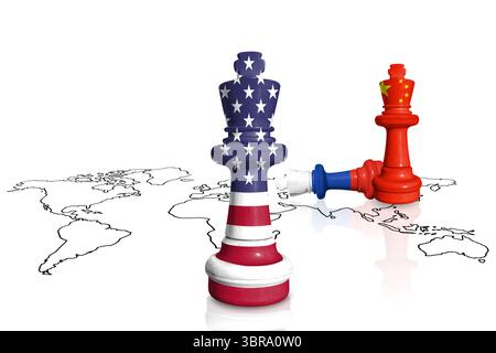 Schach aus Fahnen der USA, Chinas und Russlands Stockfoto