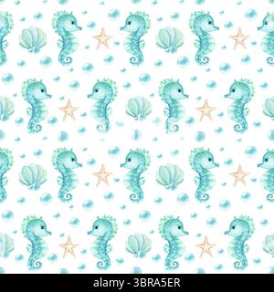 Seepferdchen Aquarell für Kinder nahtloses Muster. Muscheln, Sterne, Blasen isolierte Illustration. Türkisfarbener nautischer Stil im Hintergrund Stockfoto