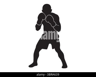 Schwarze Silhouette des Boxers in Kampfstellung, isoliert auf weißem Hintergrund, grafische Illustration. Konzept: Boxen, Sport, Sportler, Workout, Icon, lo Stock Vektor