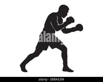 Schwarze Silhouette des Boxers in Kampfstellung, isoliert auf weißem Hintergrund, grafische Illustration. Konzept von Boxen, Kämpfer, Sport, Sporttraining Stock Vektor