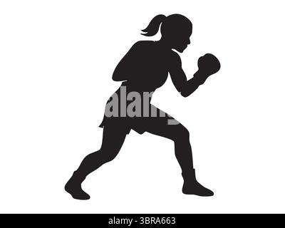 Schwarze Silhouette einer Boxerin in Kampfstellung, isoliert auf weißem Hintergrund, grafische Illustration. Konzept von Athlet, Boxen, weibliche Stärke, Stock Vektor