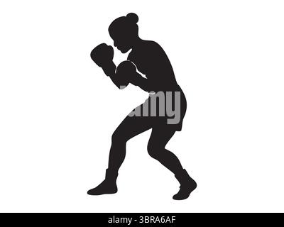 Schwarze Silhouette des weiblichen Boxers, der Punsch wirft, isoliert auf weißem Hintergrund, grafische Illustration. Vorstellung der Frau in Sport, Fitness, Selbstverteidigung Stock Vektor