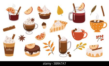 Herbstdesserts und Getränke Elemente, Doodle, süße Kuchen, Sammlung, heiße Getränke, kuscheliges Herbstset Stock Vektor