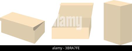 Quadratische Verpackungsboxen Mockups, Vorder- Und Seitenansicht, Geöffneter Und Geschlossener Deckel, Isoliert Auf Weißem Hintergrund. Vektorabbildung Stock Vektor