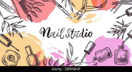 Nail Studio Banner, Poster, Flyer Design. Maniküre Werkzeuge, Lacke Vektor Skizze Illustration auf abstrakten Aquarellformen Hintergrund. Schönheitssalon, Stock Vektor
